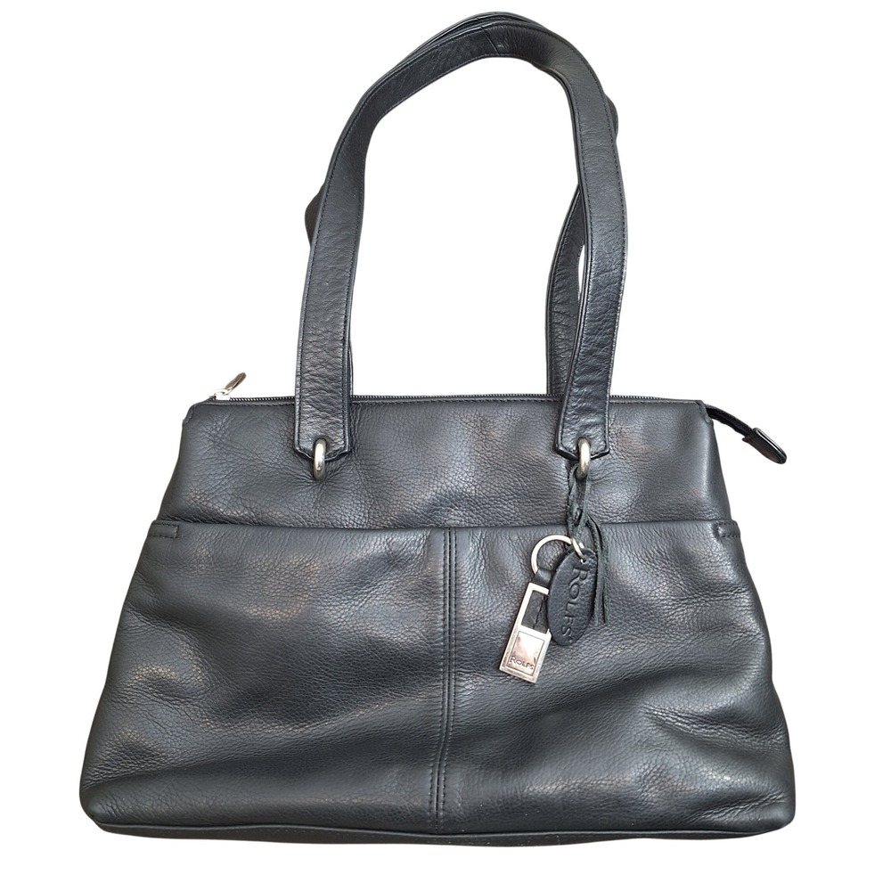 Rolfs Vintage Black Genuine Leather Shoulder Bag Zip Top Handbag Silver Hardware